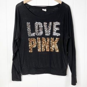 PINK Victoria’s Secret “LOVE PINK” Sequin Graphic Text Boat Neck, Sz Small